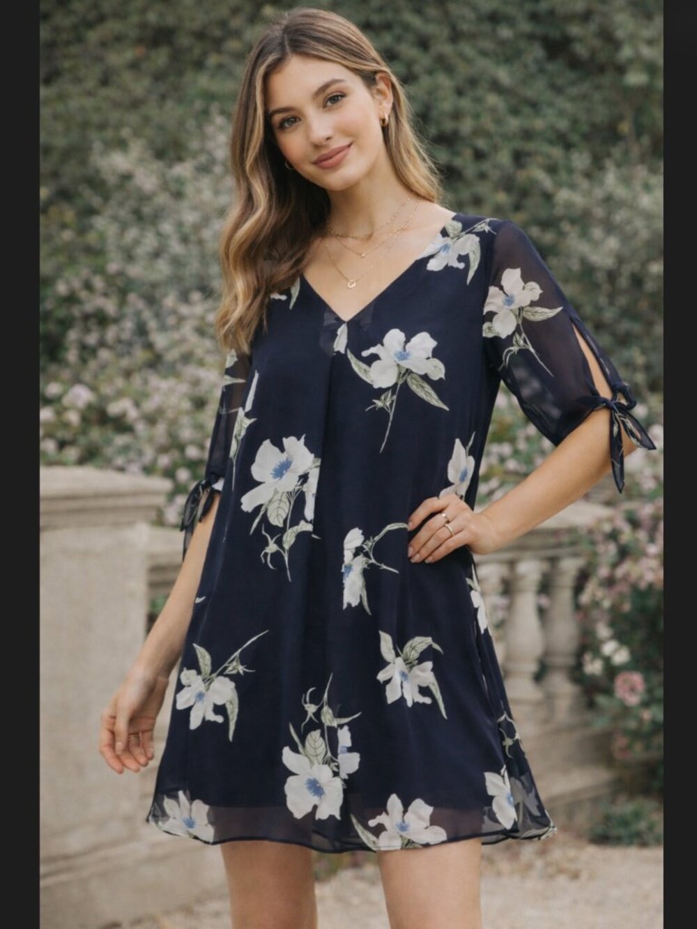 Soprano Floral Dress M Navy Cold Shoulder Sheer Slit Sleeve Tie Wedding USA NWT